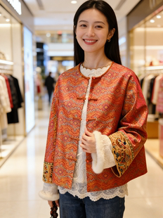 真丝宋锦袖口刺绣外套敦煌团花苗绣外套洋气改良团花圆领盘扣外套