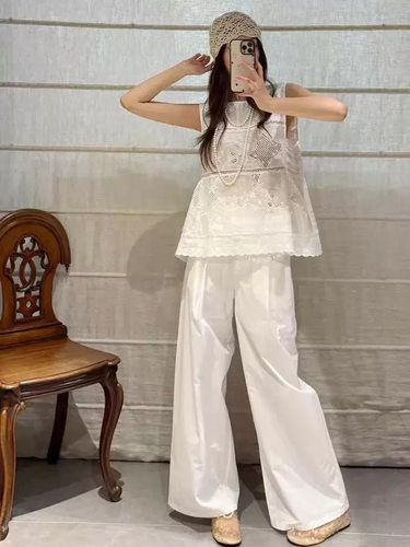 天丝亚麻刺绣套装时尚镂空蕾丝背心减龄微透蕾丝衫衬衫阔腿裤套装