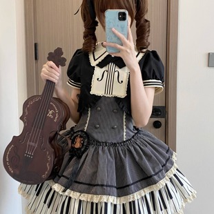 hana八度音阶lolita钢琴键印花洛丽塔音符学院风假两件低腰连衣裙