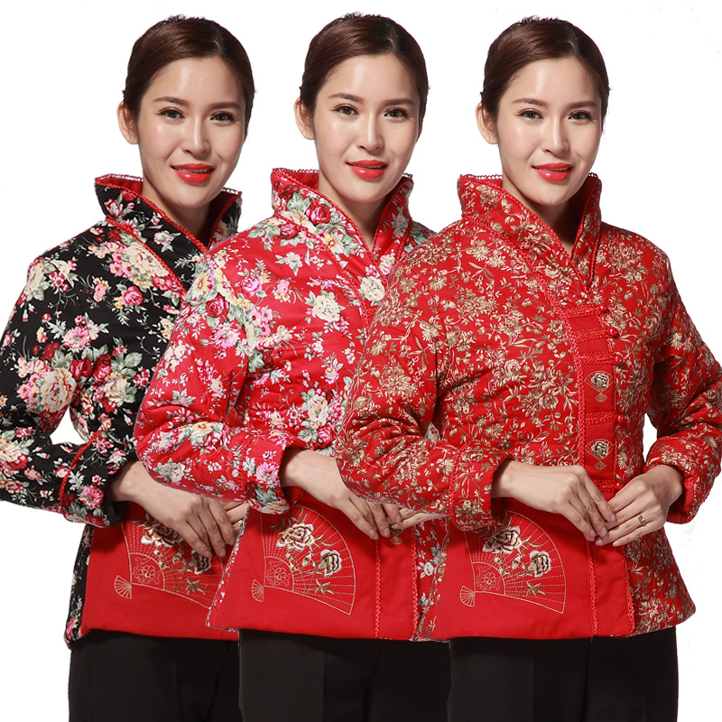 酒店服务员工作服长袖冬装女快餐餐饮茶楼唐装农家乐加厚棉袄棉衣