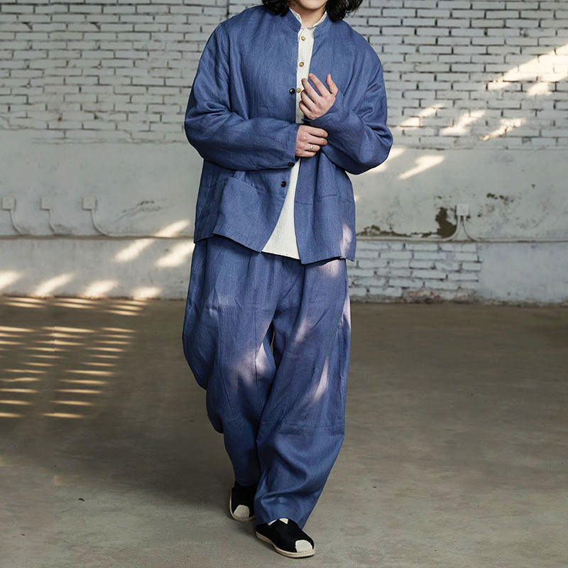 品质全麻中式休闲衬杉男士立领小外套春夏潮宽松大码肥佬叠穿时尚