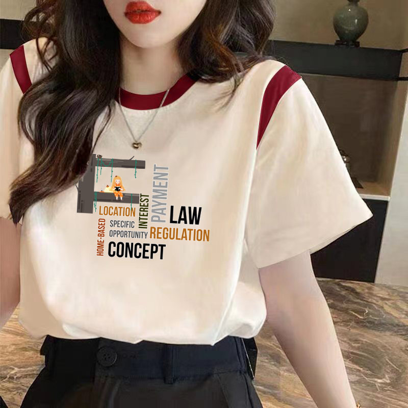 夏季胖MM大码纯棉拼接撞色体恤小众短袖T恤女士宽松显瘦遮肚上衣