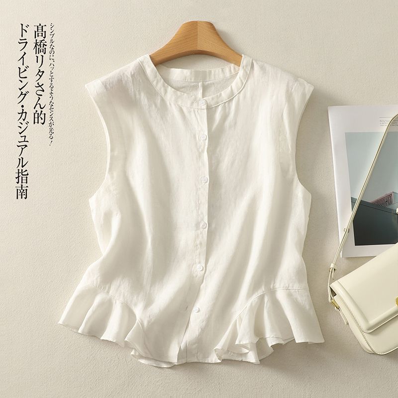 春夏棉麻无袖复古荷叶边衬衫女