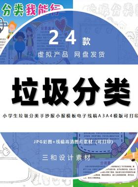 小学生垃圾分类手抄报绿色环保电子小报模板 A34黑白线稿WORD素材