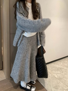 阔腿裤 毛衣松紧高腰毛线长裙套装 两件套 女冬2025开衫 宽松针织套装
