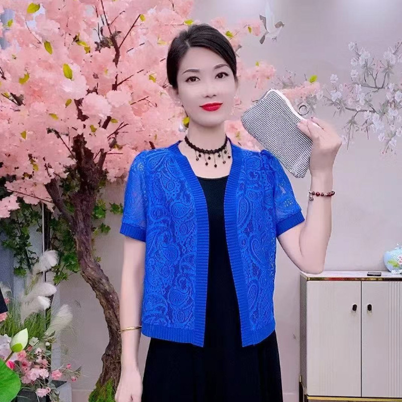 夏季蕾丝短袖女妈妈上衣披肩外套大码配裙子外搭开衫短款半袖小衫