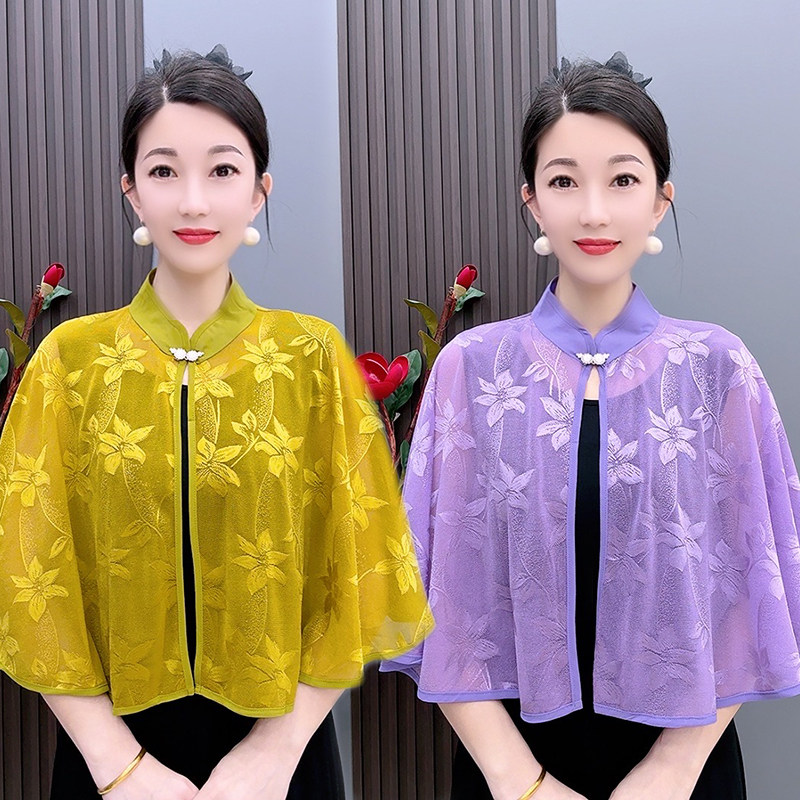夏季妈妈上衣斗篷外搭开衫女薄款大码气质中老年绣花披肩外套小衫