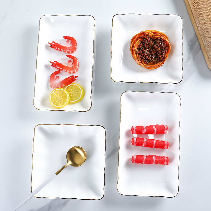 陶瓷方盘骨瓷金边长条盘描金简约