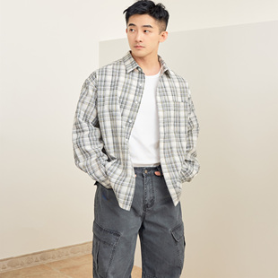 新品 秋季 男士 复古休闲宽松格子长袖 博衣社 衬衫 格纹休闲衬衫