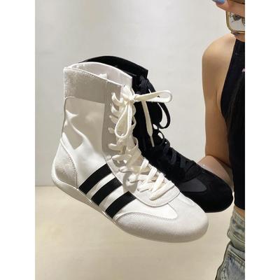 真皮休闲运动三条杠马丁靴短靴拳击鞋厚底阿甘德训高帮鞋靴子女款