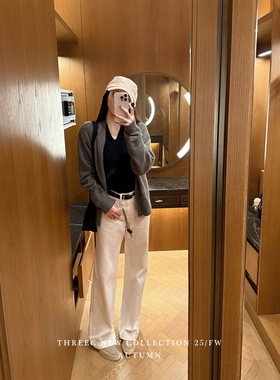 三喜threec 赠挂饰/100长绒棉/无腰头/老钱风 表层磨毛窄身直筒裤