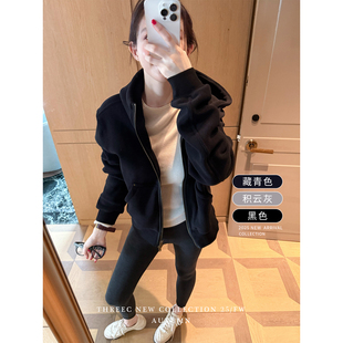 三喜threec 定制色系高端细腻绒面小版型大帽子宽松卫衣外套女冬