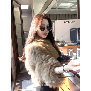 三喜threec 原创sagafurs琥珀100%狐狸毛连帽皮草 汉南洞姐姐