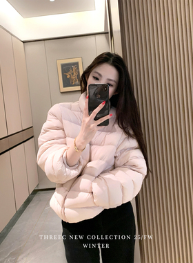 三喜threec 法式时髦感奶泡粉白鸭绒排骨羽绒服女冬短款保暖外套