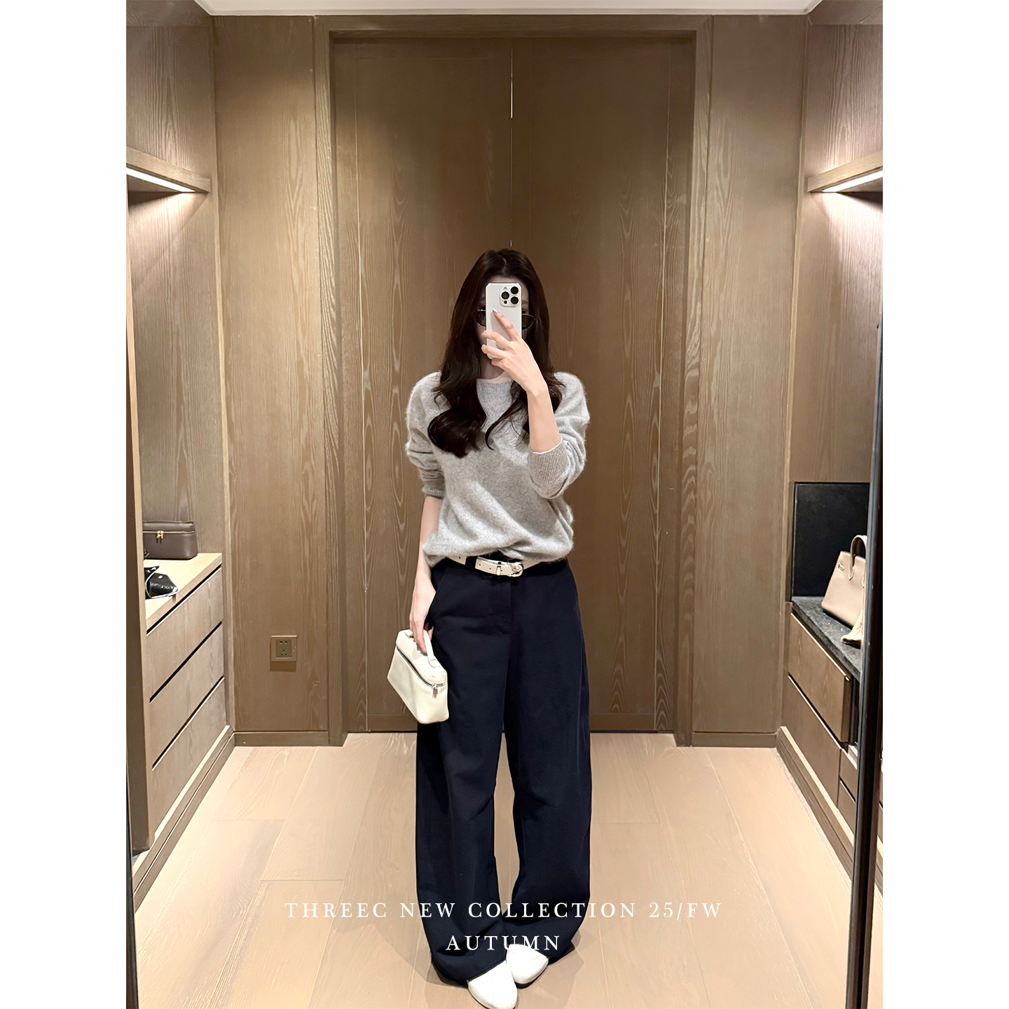 三喜threec “1公分精准收胯”调性韩味棉裤黑色直筒休闲长裤女
