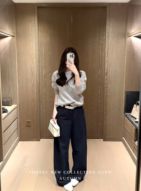 三喜threec “1公分精准收胯”调性韩味棉裤黑色直筒休闲长裤女