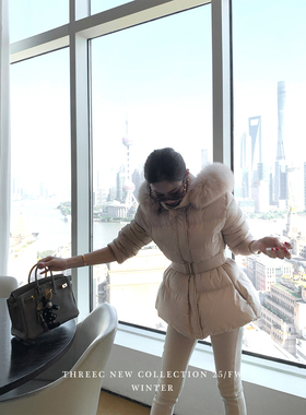 三喜threec 100狐狸毛领+白鸭绒/短款韩女收腰保暖羽绒服外套女冬