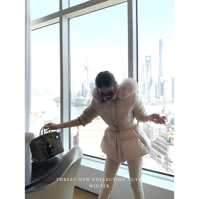 三喜threec 100狐狸毛领+白鸭绒/短款韩女收腰保暖羽绒服外套女冬