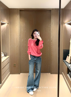 三喜threec “100%羊毛定染色”不厚但够暖超绝粉色针织毛衣女秋