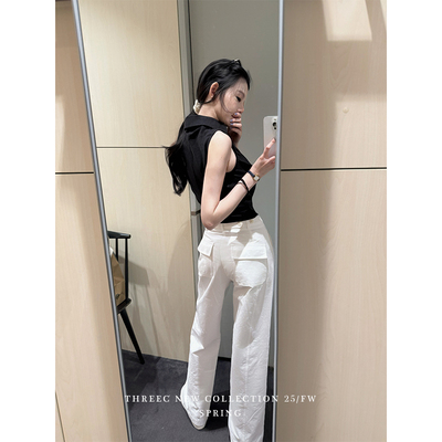 三喜threec 100纯棉“小个子友好”腰围可调节老钱贴身休闲直筒裤