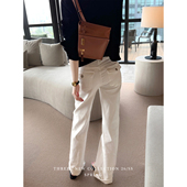 女纯棉百搭直筒休闲长裤 三喜threec 白色中低腰立体口袋牛仔裤