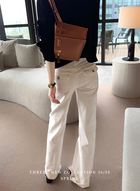 三喜threec 白色中低腰立体口袋牛仔裤女纯棉百搭直筒休闲长裤