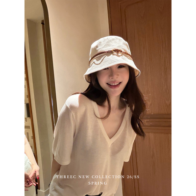 三喜threec 宽松可乐丽水溶羊毛短袖针织衫女内搭V领慵懒风上衣