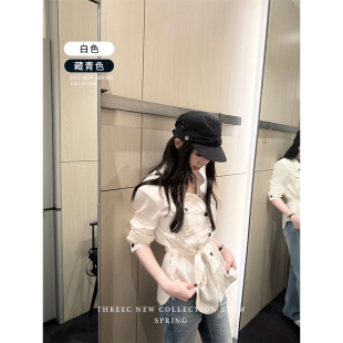 三喜threec 女设计感小众宽松上衣 智感姐姐 制服肩亚麻绑带衬衫