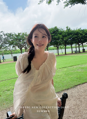 三喜threec《欲说还休》法式白色抽绳苎麻衬衫女设计感小众上衣
