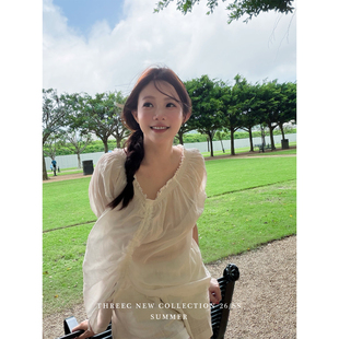 三喜threec《欲说还休》法式白色抽绳苎麻衬衫女设计感小众上衣