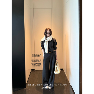 女加厚直筒休闲长裤 口袋前移毛呢西裤 复古层次设计 三喜threec