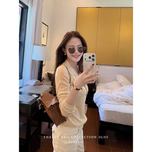 三喜threec复古设计感亚麻透气长袖针织衫女2026新款宽松内搭上衣