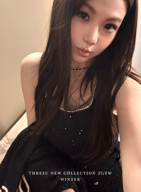 三喜threec干杯《粗花呢年会裙》私服重工定制复古无袖背心连衣裙