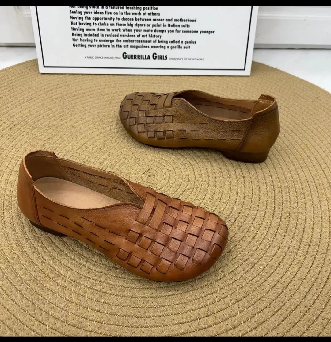 2025春夏真皮软底浅口单鞋女透气小众设计感编织文艺复古一脚蹬