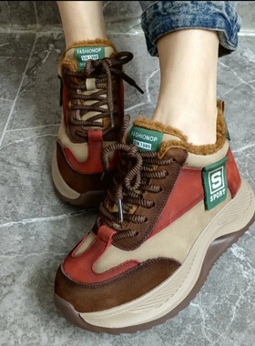 88026冬季复古拼色厚底加绒舒适保暖防滑系带休闲时尚雪地靴