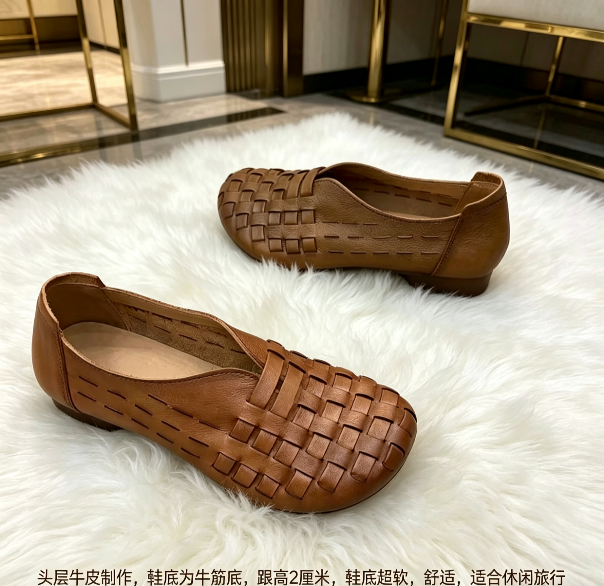 春夏牛皮软底浅口单鞋女透气小众设计感编织文艺复古一脚蹬妈妈鞋