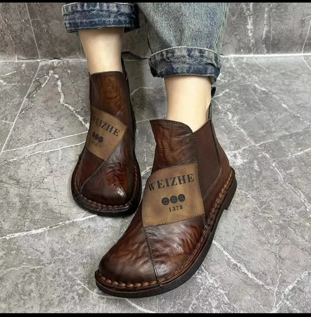 秋冬季新款复古拼色牛皮平底舒适百搭休闲女短靴时尚热销8988-111