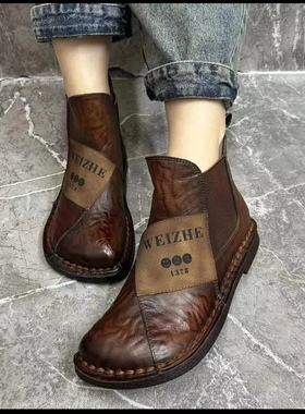 秋冬季新款复古拼色牛皮平底舒适百搭休闲女短靴时尚热销8988-111
