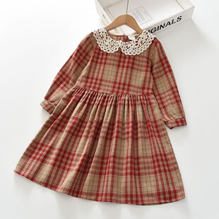 格子印花镂空小翻领女童长袖公主裙连衣裙2026新款纯棉时髦裙薄款