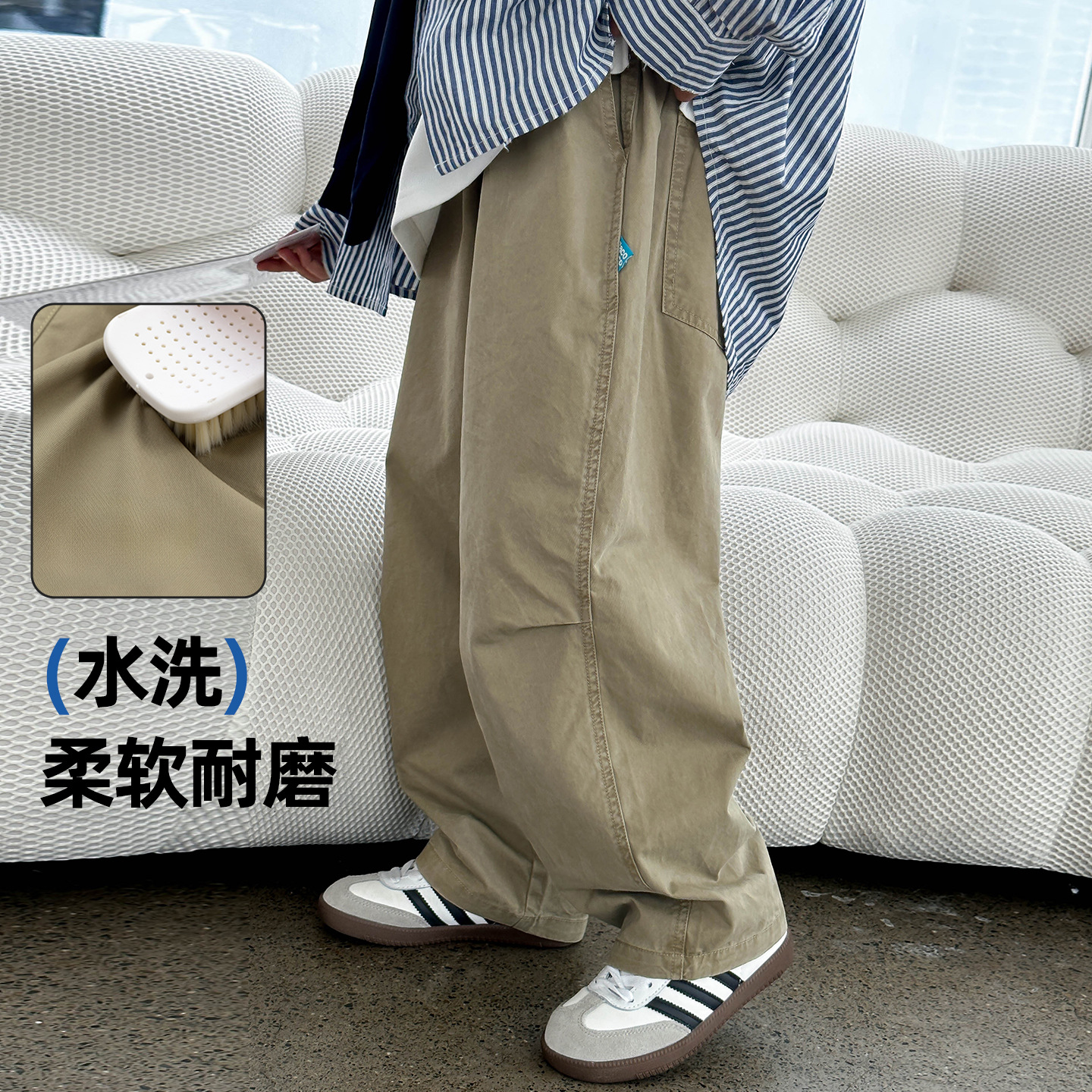 熊猫圆圆2025秋季儿童纯棉休闲裤 男童裤子水洗宽松直筒裤批发