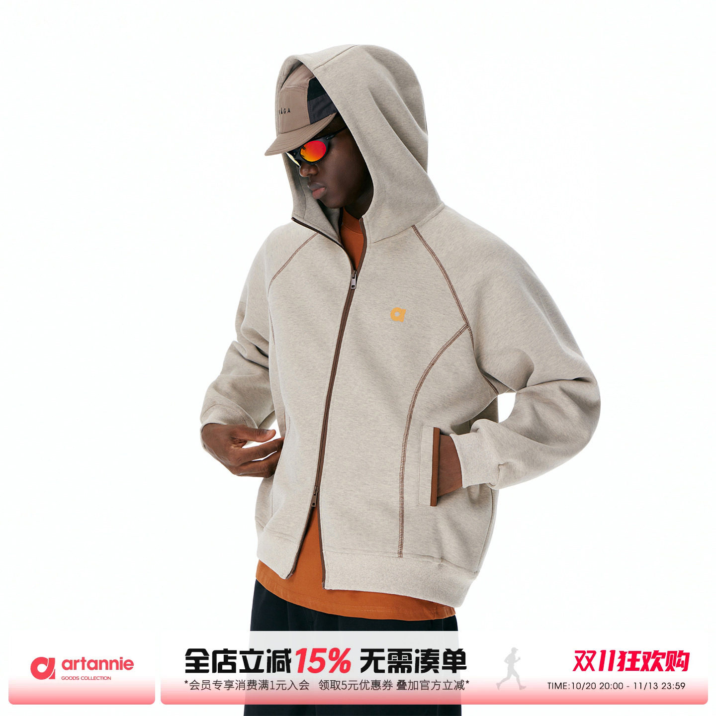 ARTANNIE美式重磅开衫连帽卫衣男秋季新款哈苏线运动情侣夹克外套