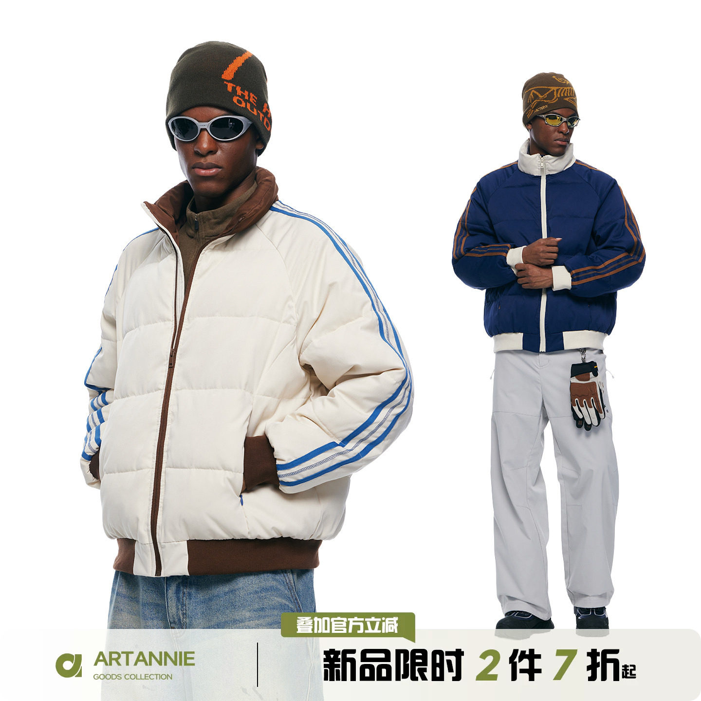 ARTANNIE冬季立领条纹拼接加厚棉服男款美式运动情侣棉衣保暖外套
