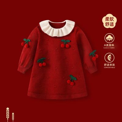 周岁女宝宝礼服秋冬女童红色公主裙一岁儿童生日裙子拜年服连衣裙