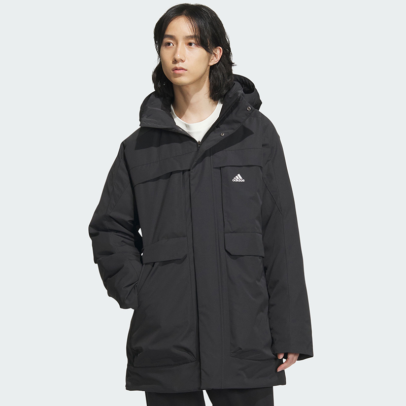 阿迪达斯 运动休闲保暖透气中长款连帽羽绒服外套 IV7553 IV7554