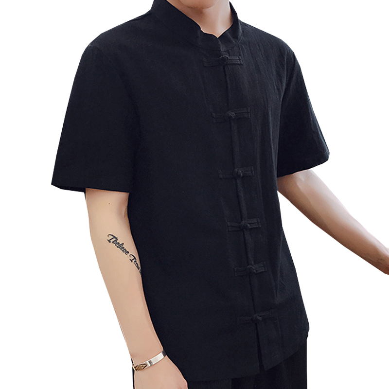 春夏男士薄款唐裝中國風(fēng)立領(lǐng)盤扣棉麻純色漢服青年男短袖亞麻襯衫