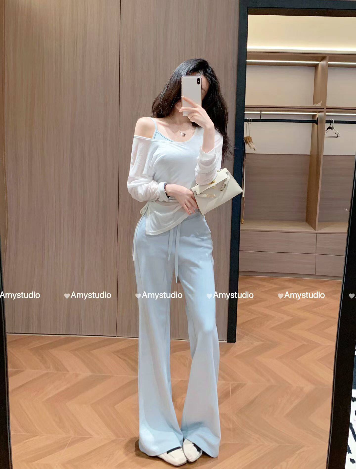 艾米Amy正版夏季新款纯欲风网红三件套女防晒吊带运动裤休闲套装