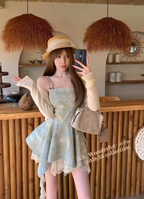 KK.wonderful2026春季新款牛仔吊带不规则连衣裙搭针织披肩两件套