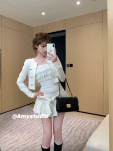 艾米Amy纯欲风鹿皮绒拿破仑套装女圆领外套搭蝴蝶结百褶裙两件套