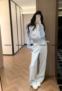 正版 搭加绒加厚卫裤 爆款 纯欲风拼针织袖 两件套 白鸭绒套装 艾米Amy