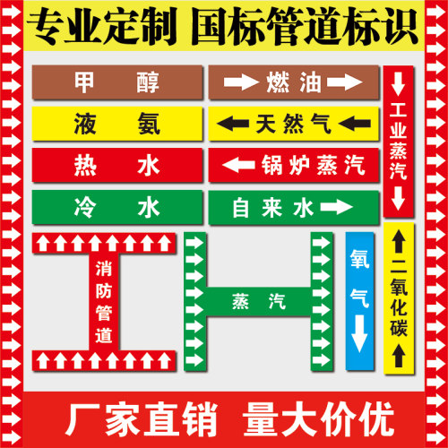 国标反光管道标贴标签管路流向箭头色标消防安全标识牌不干胶定做